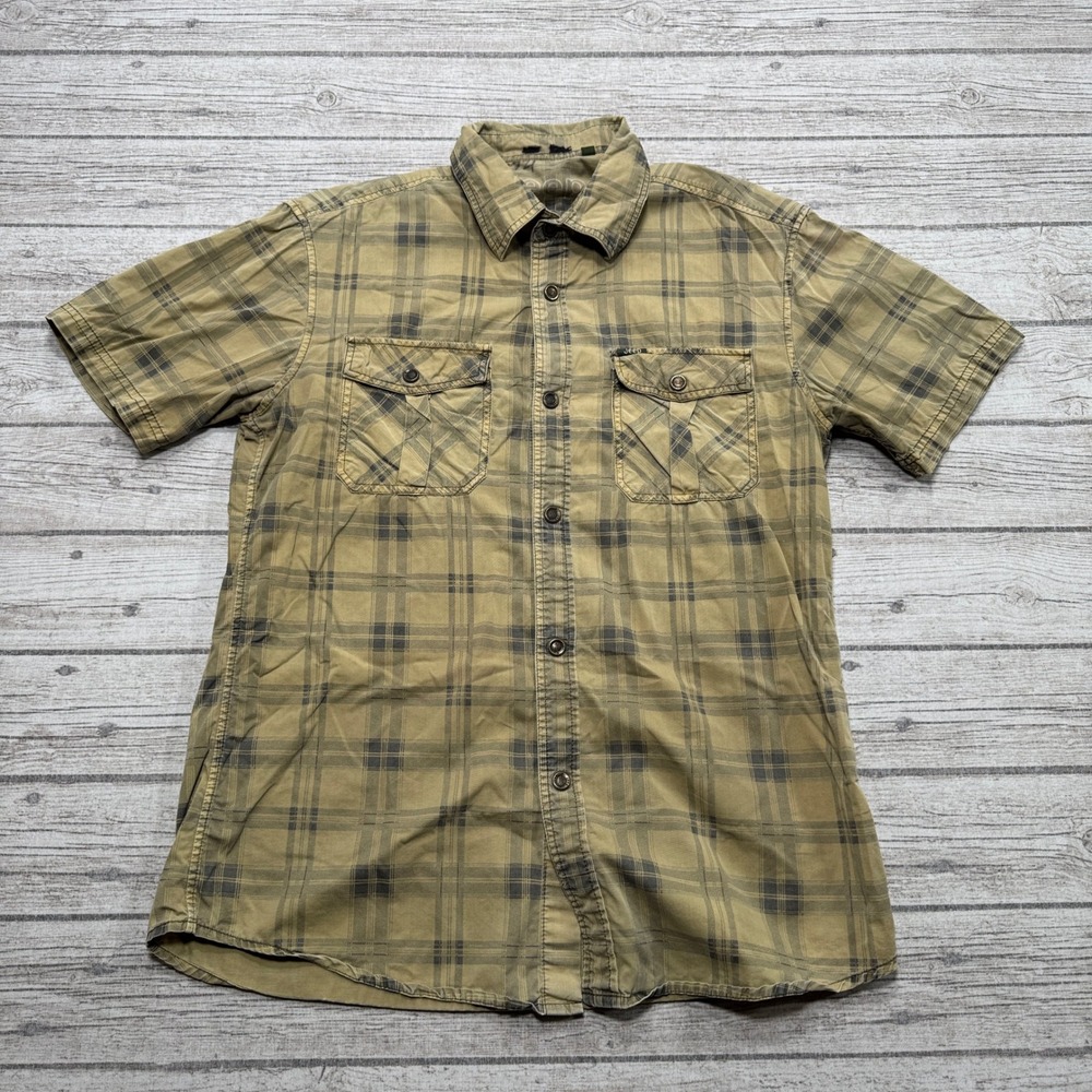 Jeep Shirt Mens Large Khaki Plaid Short Sleeve Button Down Cotton Utility Hiking